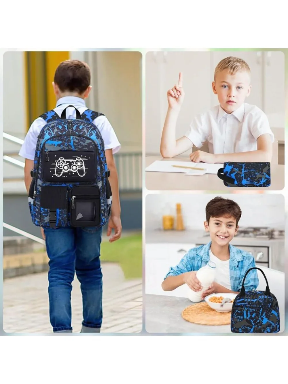 Gamer Boys School Backpack Set - 4pc with Lunch Box, Large Capacity